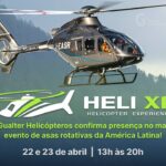 Banner da Gualter Helicópteros confirmando presença na feira Heli XP, o maior evento de asas rotativas da América Latina, que ocorre dias 22 e 23 de abril. Em destaque ao fundo, o helicóptero Leonardo AW09 S6 em voo sobre montanhas, o primeiro modelo da linha de produção.