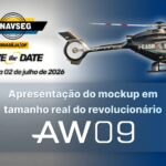 Banner horizontal com fundo em degradê do cinza claro para o azul escuro. Na parte superior esquerda, o logotipo do evento ENAVSEG, com a indicação Brasília/DF e o aviso "Save the Date" para o período de 30 de junho a 02 de julho de 2026. No lado direito, a imagem de um helicóptero preto modelo AW09 em voo. Na parte inferior, centralizado, o texto em destaque: "Apresentação do mockup em tamanho real do revolucionário AW09