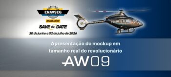 Banner horizontal com fundo em degradê do cinza claro para o azul escuro. Na parte superior esquerda, o logotipo do evento ENAVSEG, com a indicação Brasília/DF e o aviso "Save the Date" para o período de 30 de junho a 02 de julho de 2026. No lado direito, a imagem de um helicóptero preto modelo AW09 em voo. Na parte inferior, centralizado, o texto em destaque: "Apresentação do mockup em tamanho real do revolucionário AW09