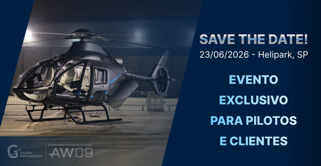 Mockup do AW09 de noite com as luzes internas acesas. Na parte direita da imagem consta "Save the Date" 23/06/2026 - Helipark, SP. Um pouco mais embaixo, em tonalidade azul clara, o texto é complementado: EVENTO EXCLUSIVO PARA PILOTOS E CLIENTES