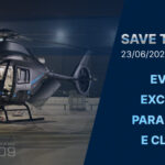 Mockup do AW09 de noite com as luzes internas acesas. Na parte direita da imagem consta "Save the Date" 23/06/2026 - Helipark, SP. Um pouco mais embaixo, em tonalidade azul clara, o texto é complementado: EVENTO EXCLUSIVO PARA PILOTOS E CLIENTES