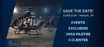 Mockup do AW09 de noite com as luzes internas acesas. Na parte direita da imagem consta "Save the Date" 23/06/2026 - Helipark, SP. Um pouco mais embaixo, em tonalidade azul clara, o texto é complementado: EVENTO EXCLUSIVO PARA PILOTOS E CLIENTES