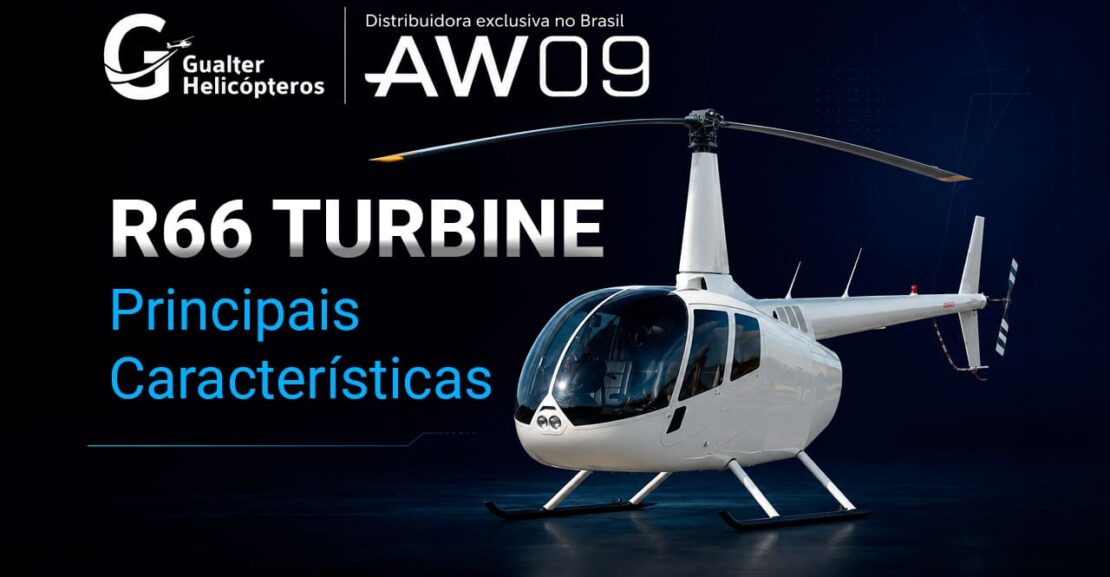 Robinson R66 Turbine branco em estúdio, capa sobre as principais características do helicóptero, com logo da Gualter Helicópteros e selo de distribuidora exclusiva do AW09 no Brasil