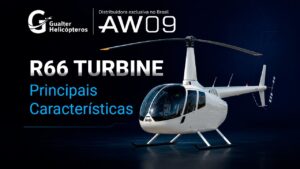 Robinson R66 Turbine branco em estúdio, capa sobre as principais características do helicóptero, com logo da Gualter Helicópteros e selo de distribuidora exclusiva do AW09 no Brasil