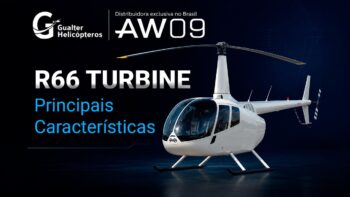 Robinson R66 Turbine branco em estúdio, capa sobre as principais características do helicóptero, com logo da Gualter Helicópteros e selo de distribuidora exclusiva do AW09 no Brasil