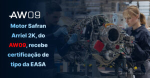 Dois técnicos da Safran montam o motor Arriel 2K na fábrica de Bordes, em imagem que anuncia a certificação EASA do turbomotor que equipa o AW09